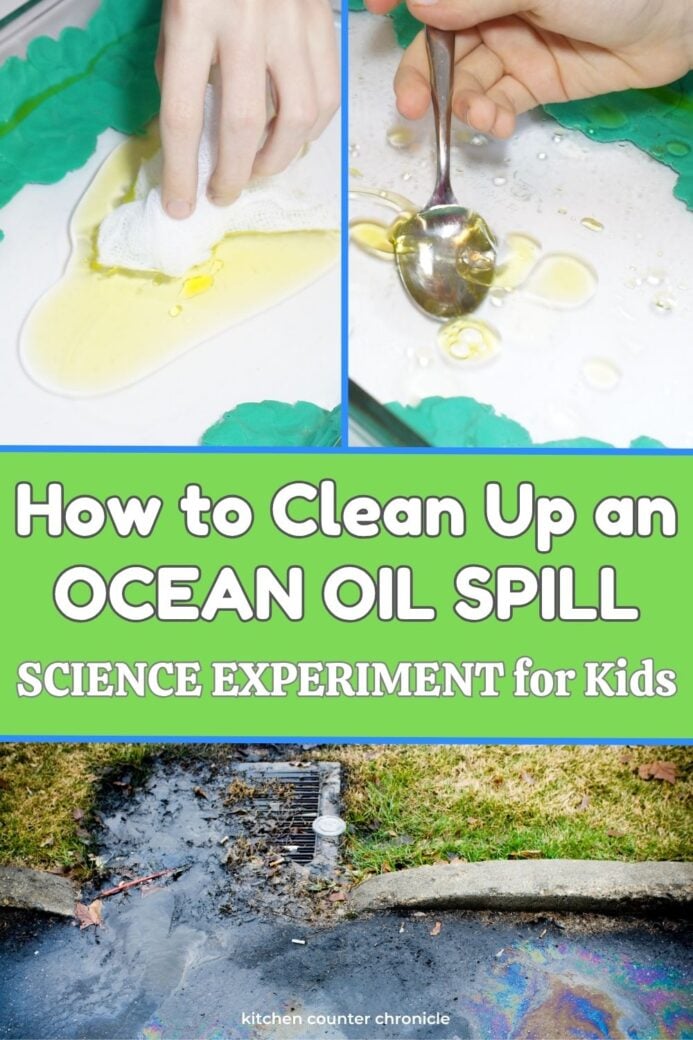 how to clean up an ocean oil spill science experiment for kids with child's hand holding spoon