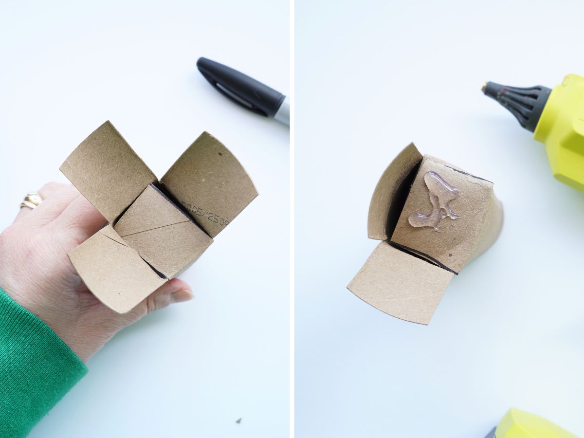 images of the bottom of toilet paper roll basket being folded and glued