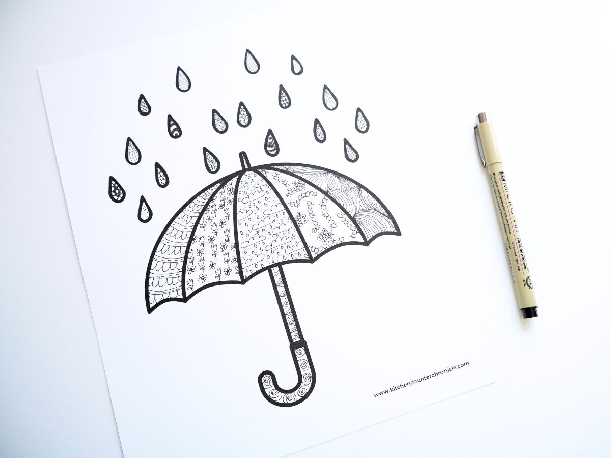 zentangle pattern filled spring umbrella template printable with black pen