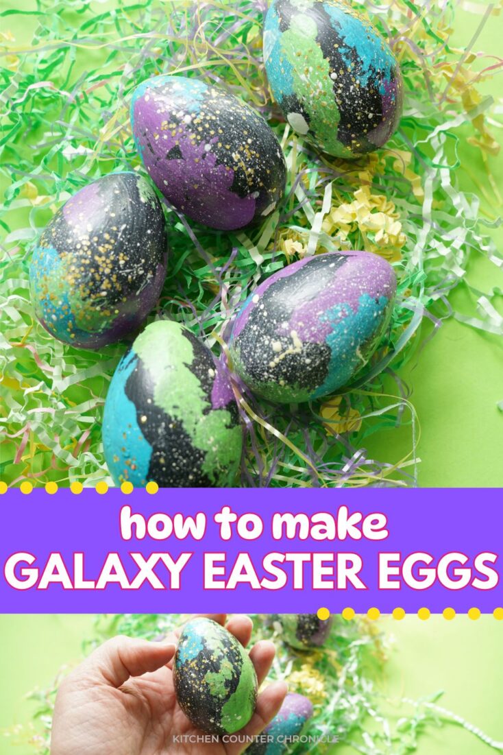 5 galaxy easter eggs on easter grass with title how to make galaxy easter eggs