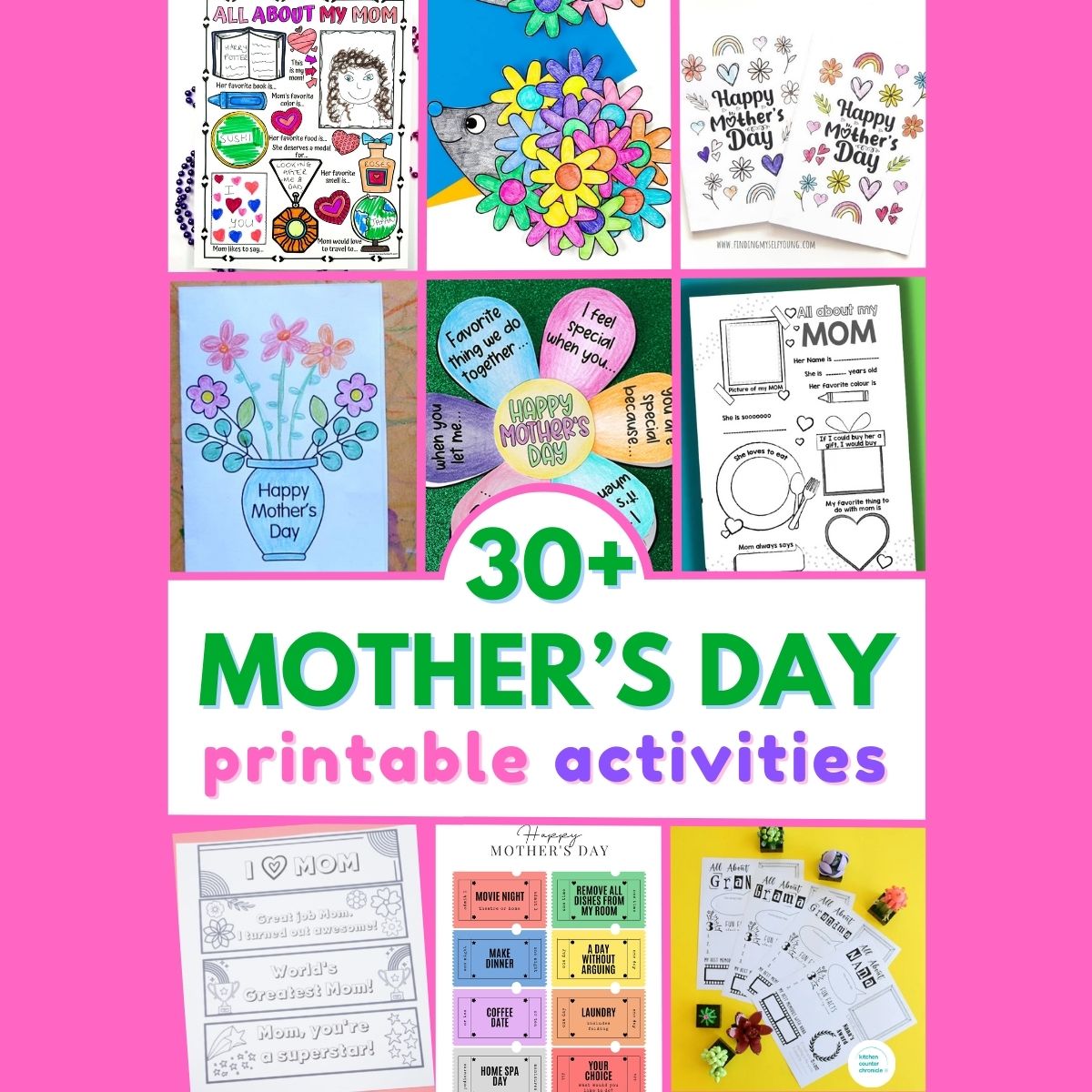 a collage of creative mother's day printable activities and crafts for kids to make featured image