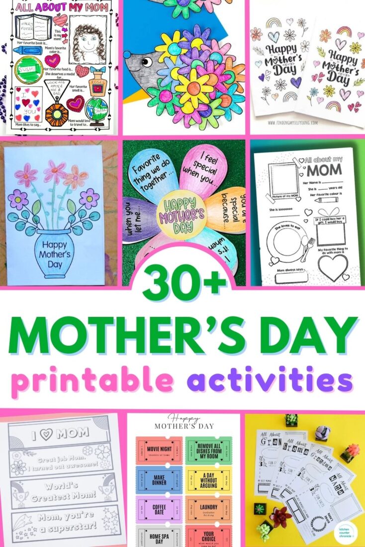 collage of mother's day printable activities and crafts for kids to make