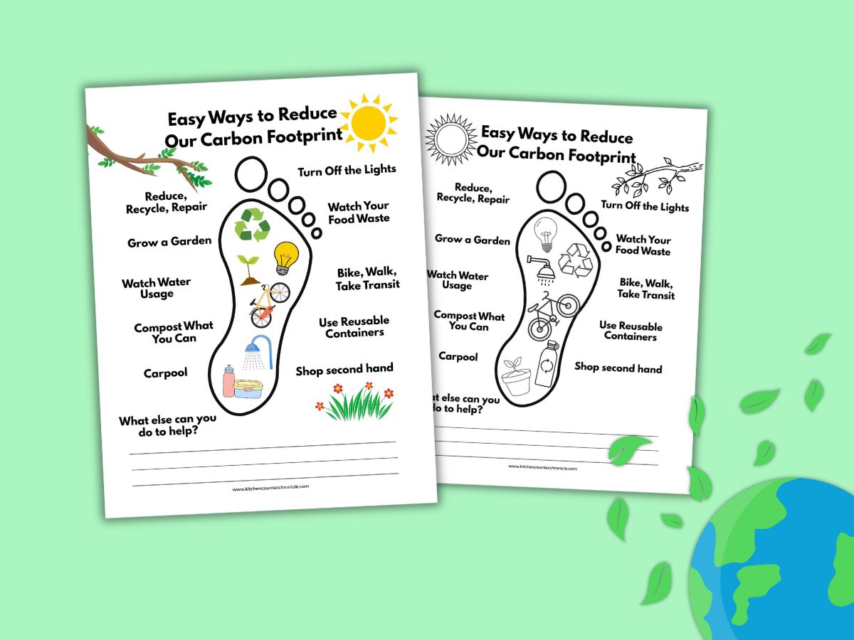 image of two printable carbon footprint fact worksheets for kids