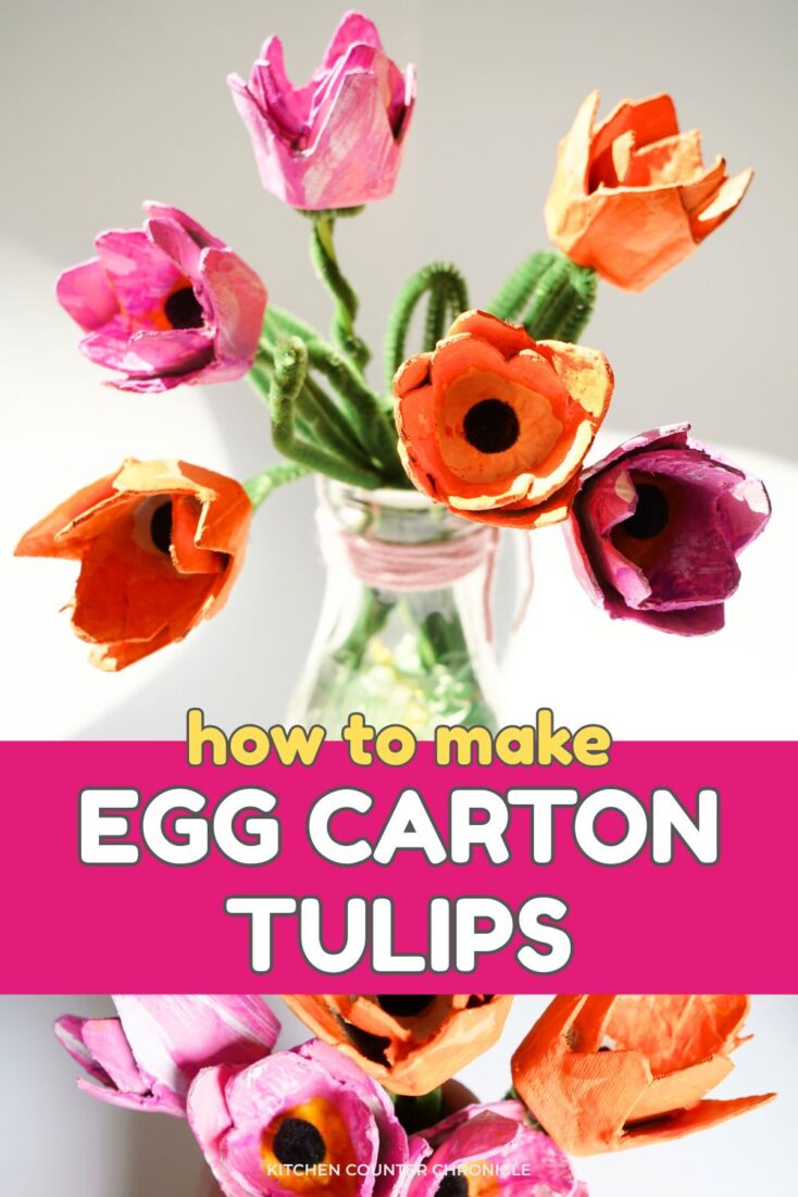 vase filled with pink and orange egg carton tulips with title how to make egg carton tulips pin