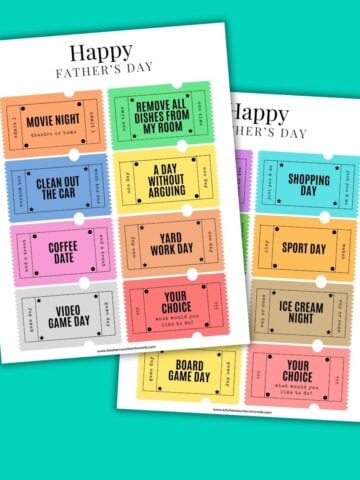 2 sheets of happy father's day coupons for dad on a blue background