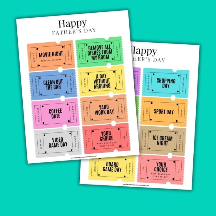 2 sheets of happy father's day coupons for dad on a blue background