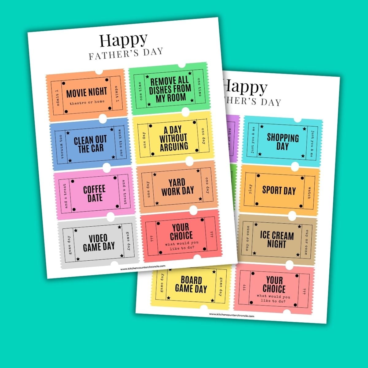 2 sheets of happy father's day coupons for dad on a blue background