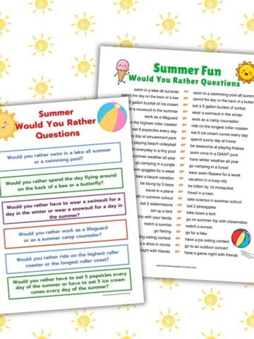 2 versions of summer would you rather questions for kids printable sheet and cards