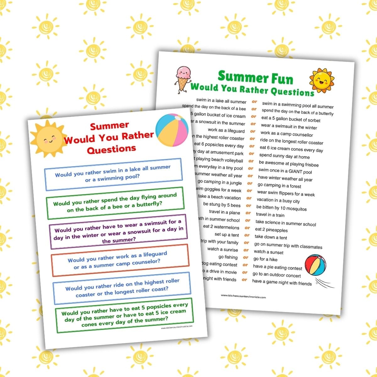 2 versions of summer would you rather questions for kids printable sheet and cards