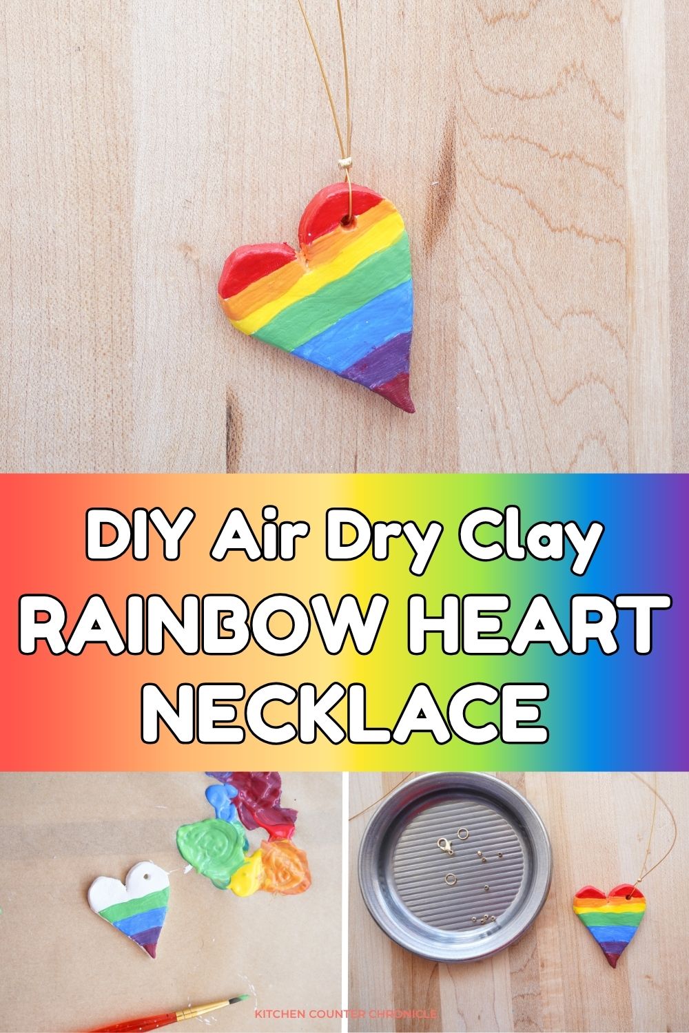 diy air dry clay rainbow heart necklace pendant with title pin