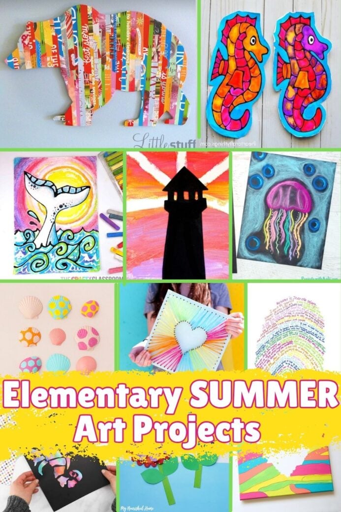 collage of creative elementary summer art projects