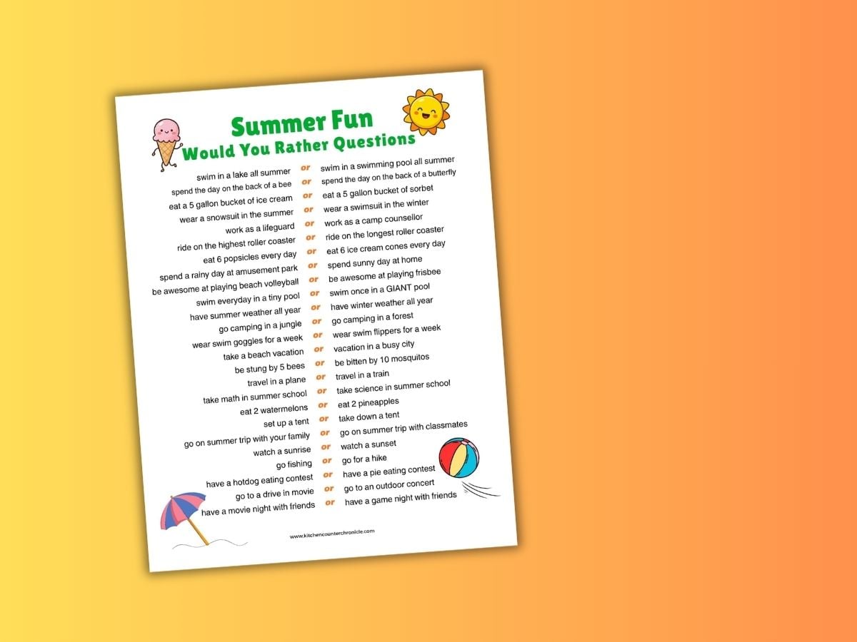 printable single sheet funny summer would you rather questions for kids of all ages