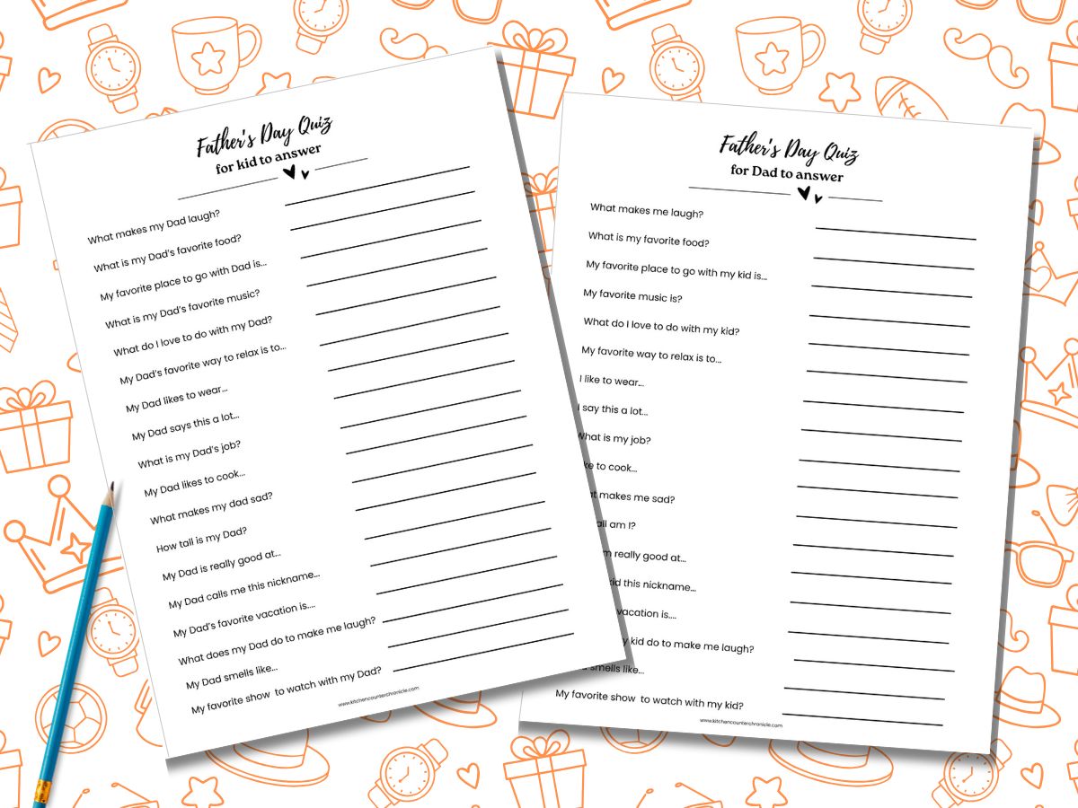 two pages of father's day quiz for dad and child to complete with blue pencil
