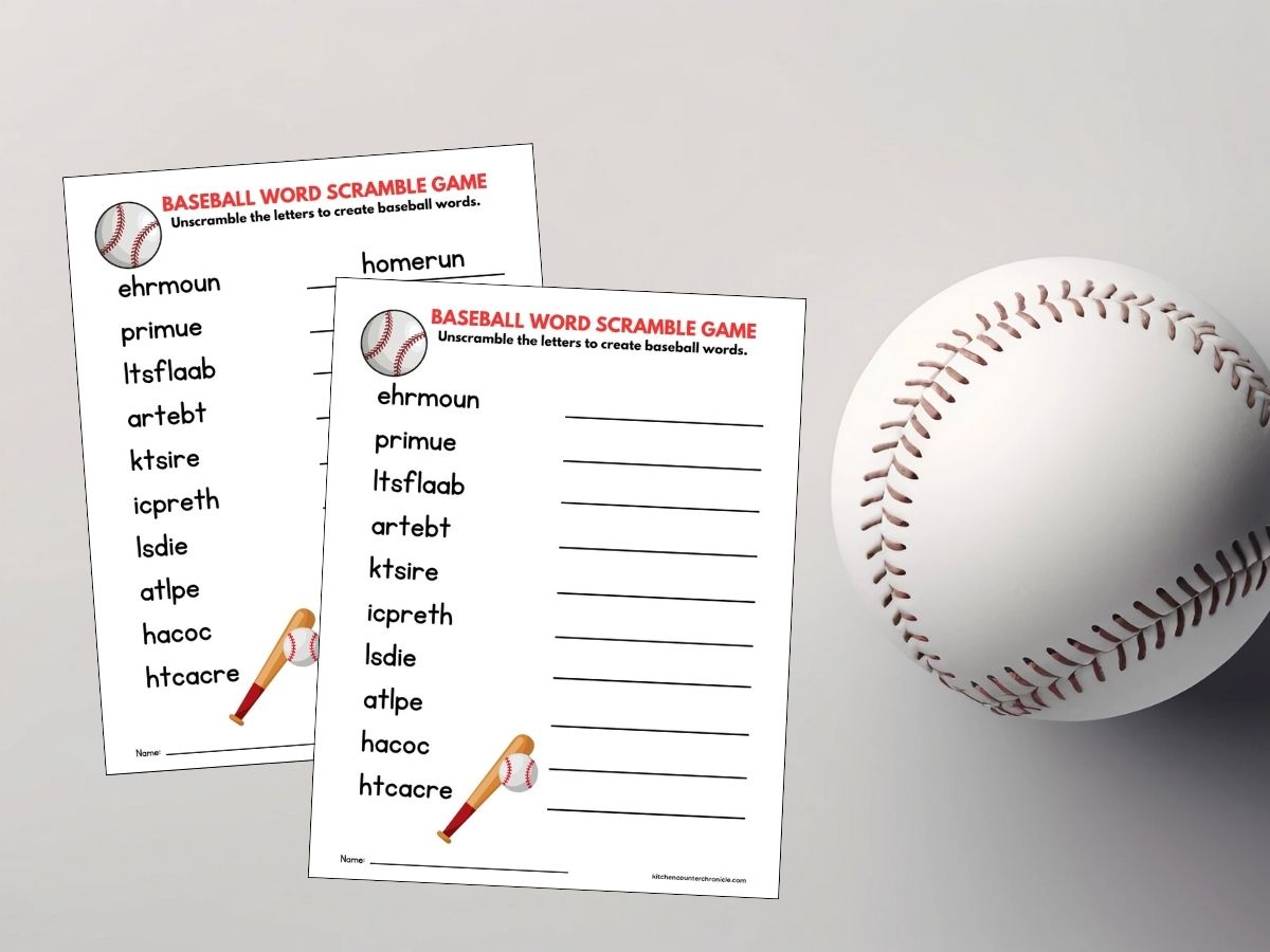 2 print outs of baseball word scramble game and answer sheet beside giant baseball