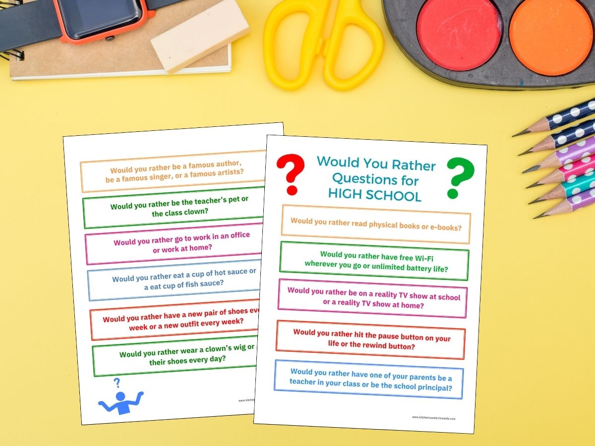 2 printed sheets of fun would you rather questions for high school students on desktop background