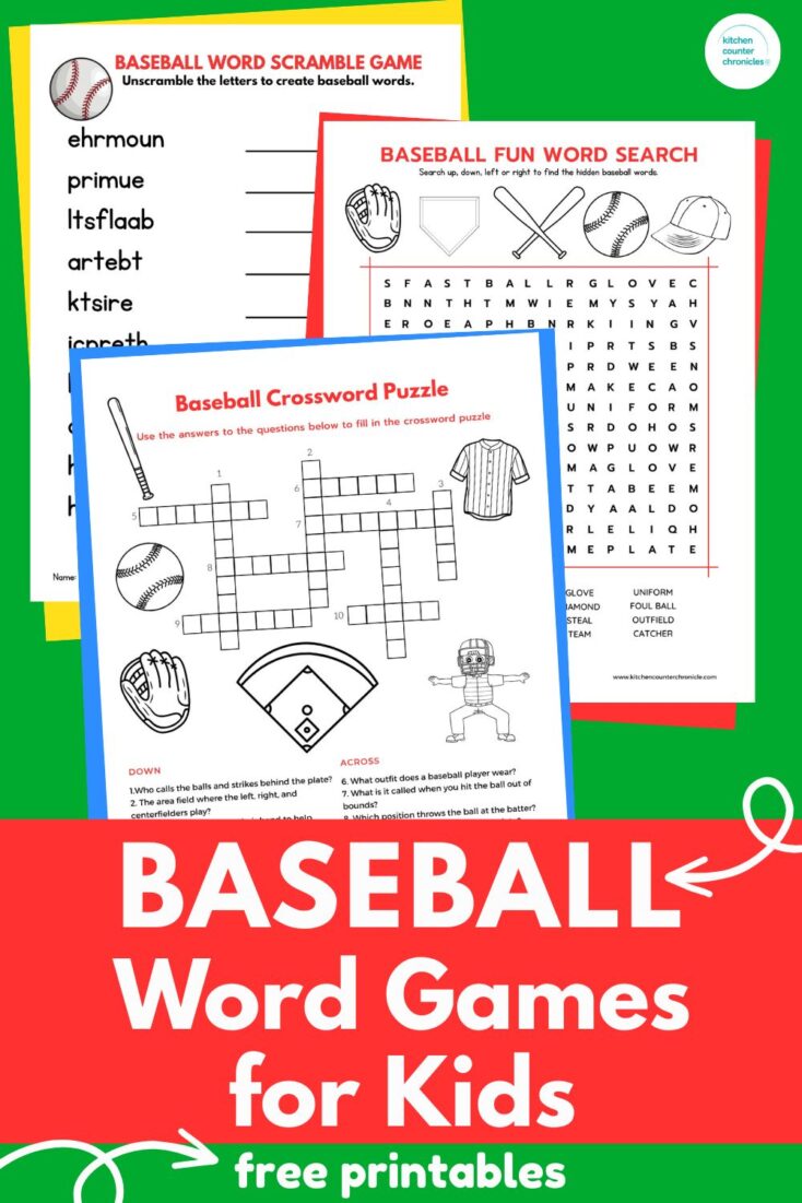 3 baseball word games for kids - baseball crossword puzzle, word search and word jumble with title and red background pin