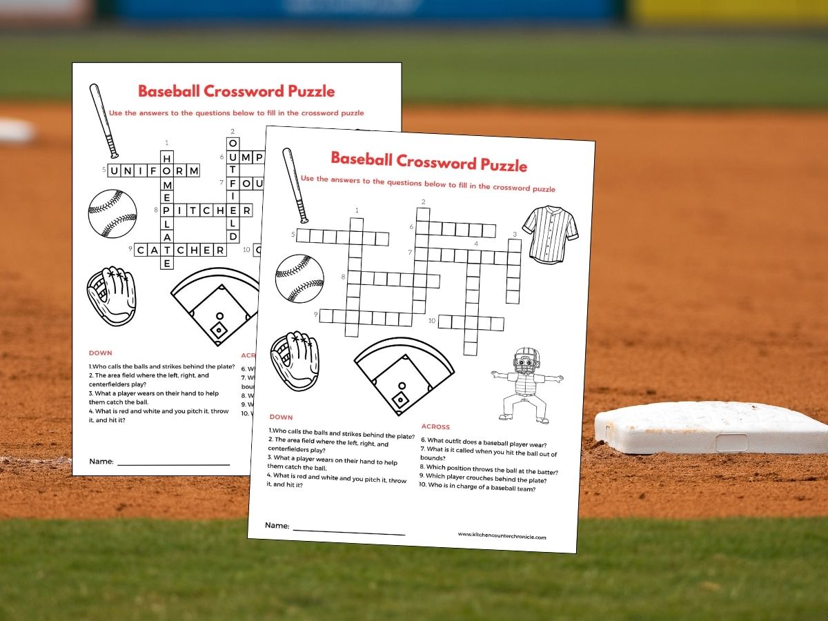 baseball diamond with 2 print outs of baseball crossword puzzle and baseball crossword puzzle answer sheet