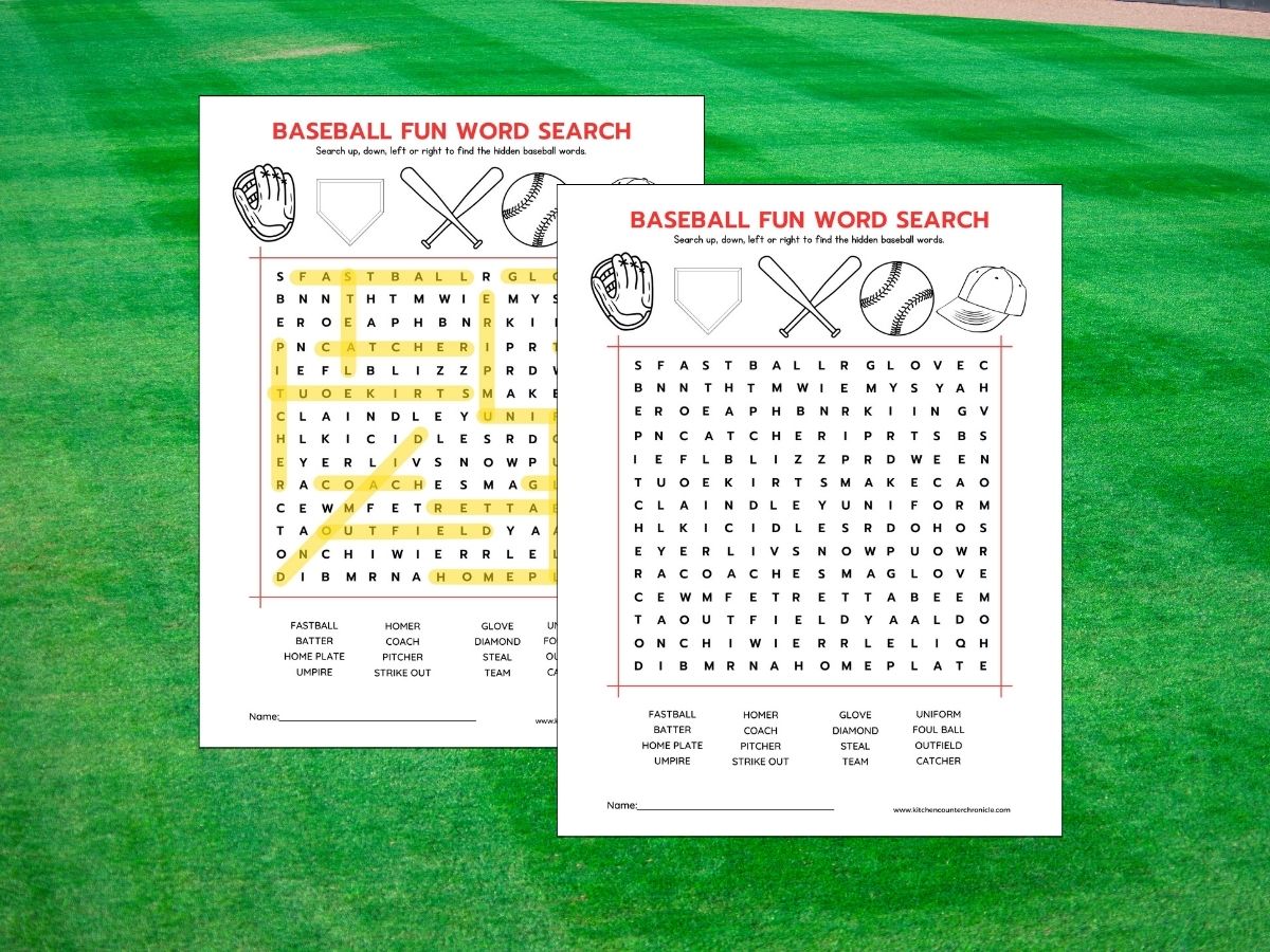 print out of baseball word search and baseball themed word search answer sheet on baseball field background