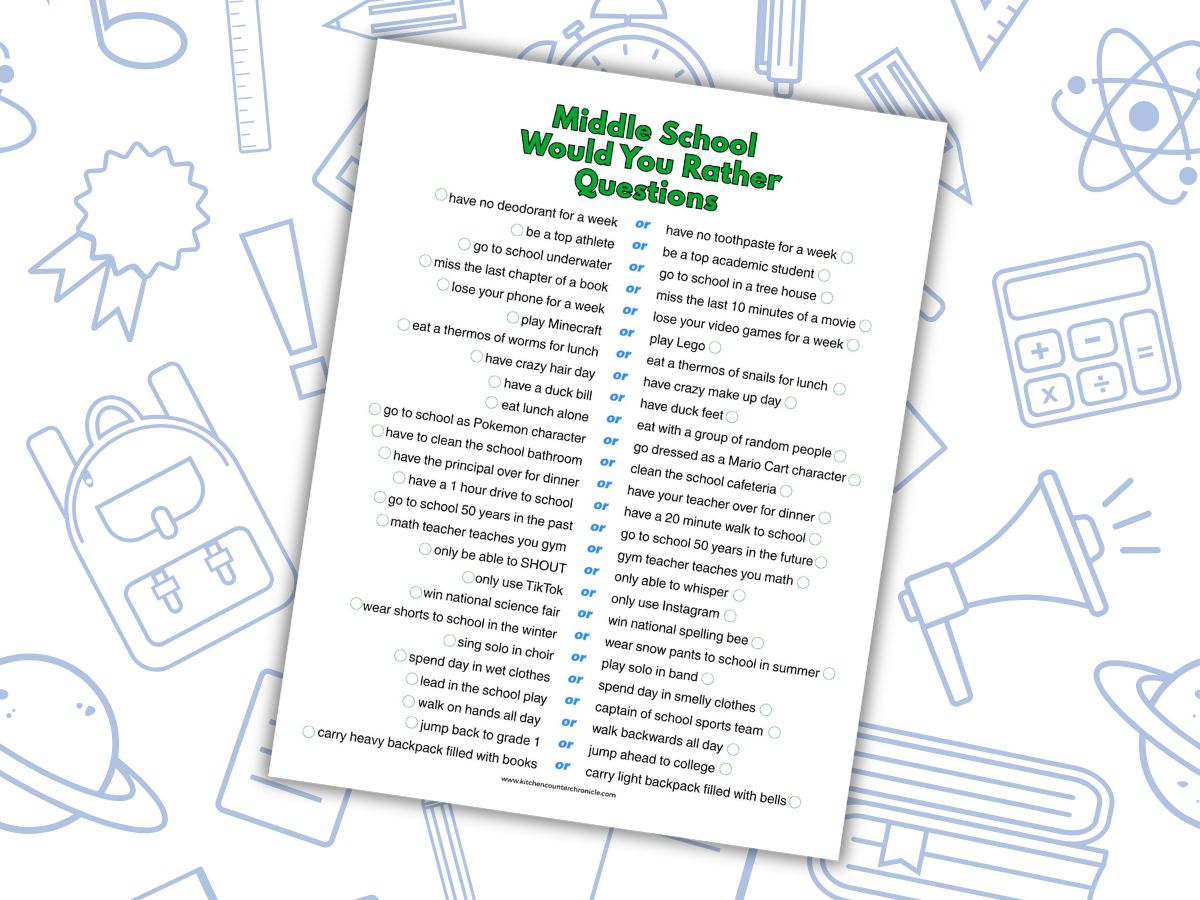 print out of would you rather question sheet for middle schoolers on paper