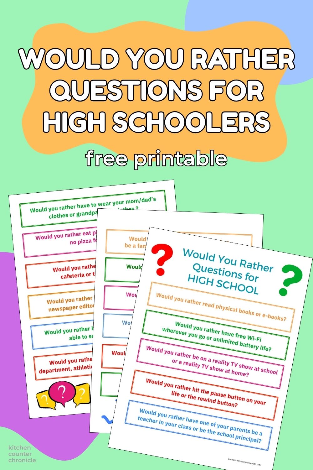 title WOULD YOU RATHER QUESTIONS FOR HIGH SCHOOLERS with printable question sheets pin