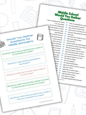 would you rather questions for middle school printable sheet and printable cards