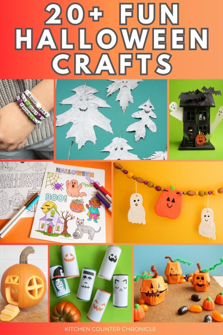 20+ halloween crafts for kids collage of ghosts, pumpkins, haunted house, and jack o'lantern craft projects