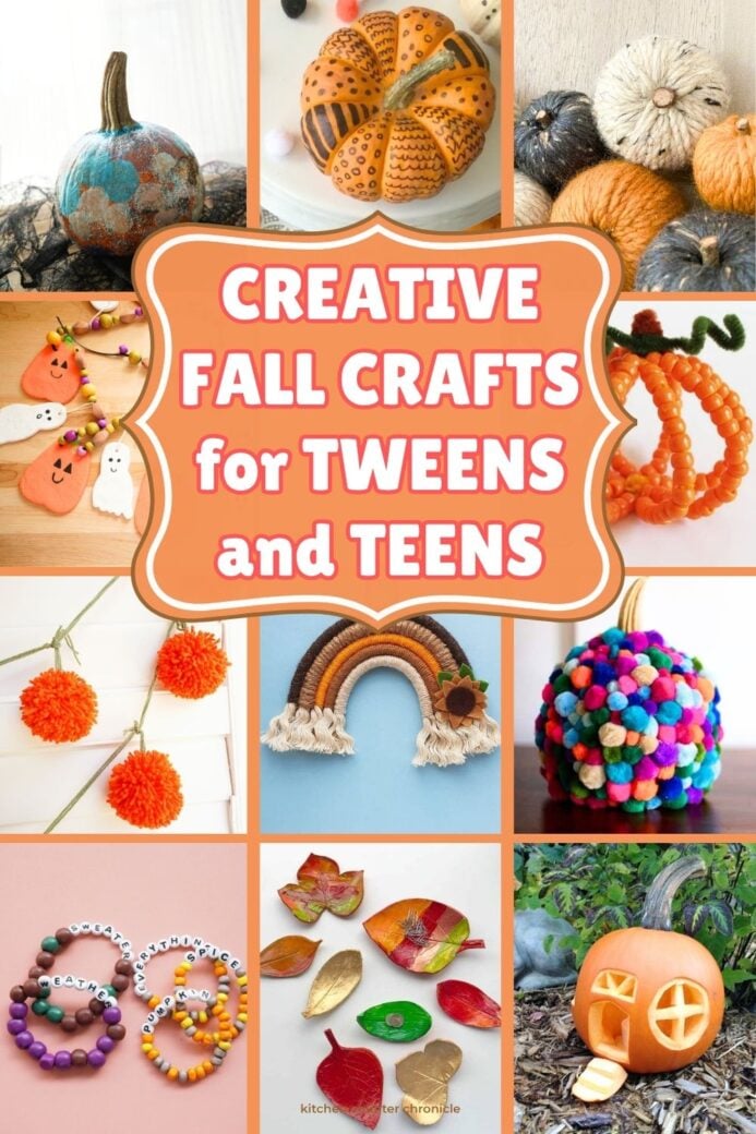 collage of creative fall crafts for tweens and teens to make pumpkins and ghosts