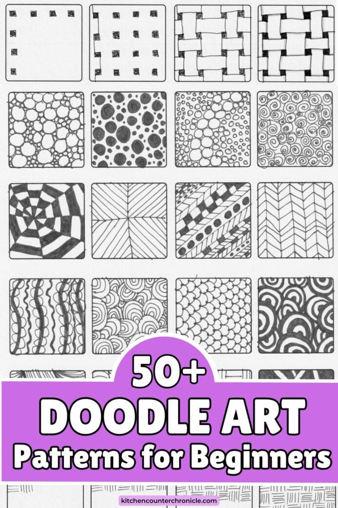 collage of doodle art patterns in boxes with title in purple
