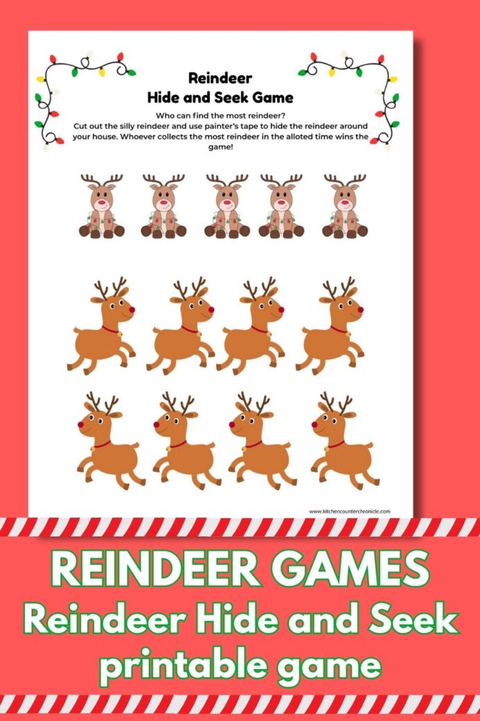 image of printable reindeer hide and seek game with title reindeer games