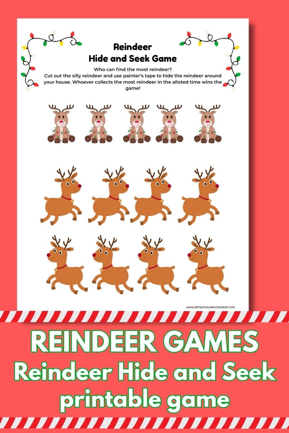 image of printable reindeer hide and seek game with title reindeer games