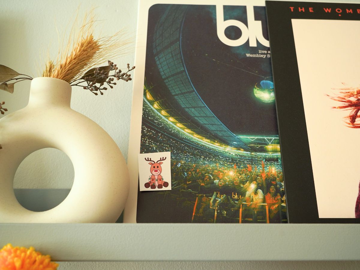 little cut out reindeer hiding on shelf with albums and a vase of flowers