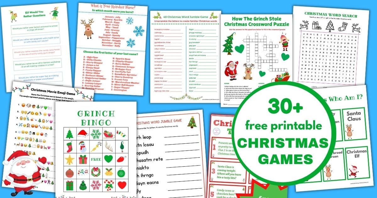 social image for post with over 30 free printable Christmas games for families to play