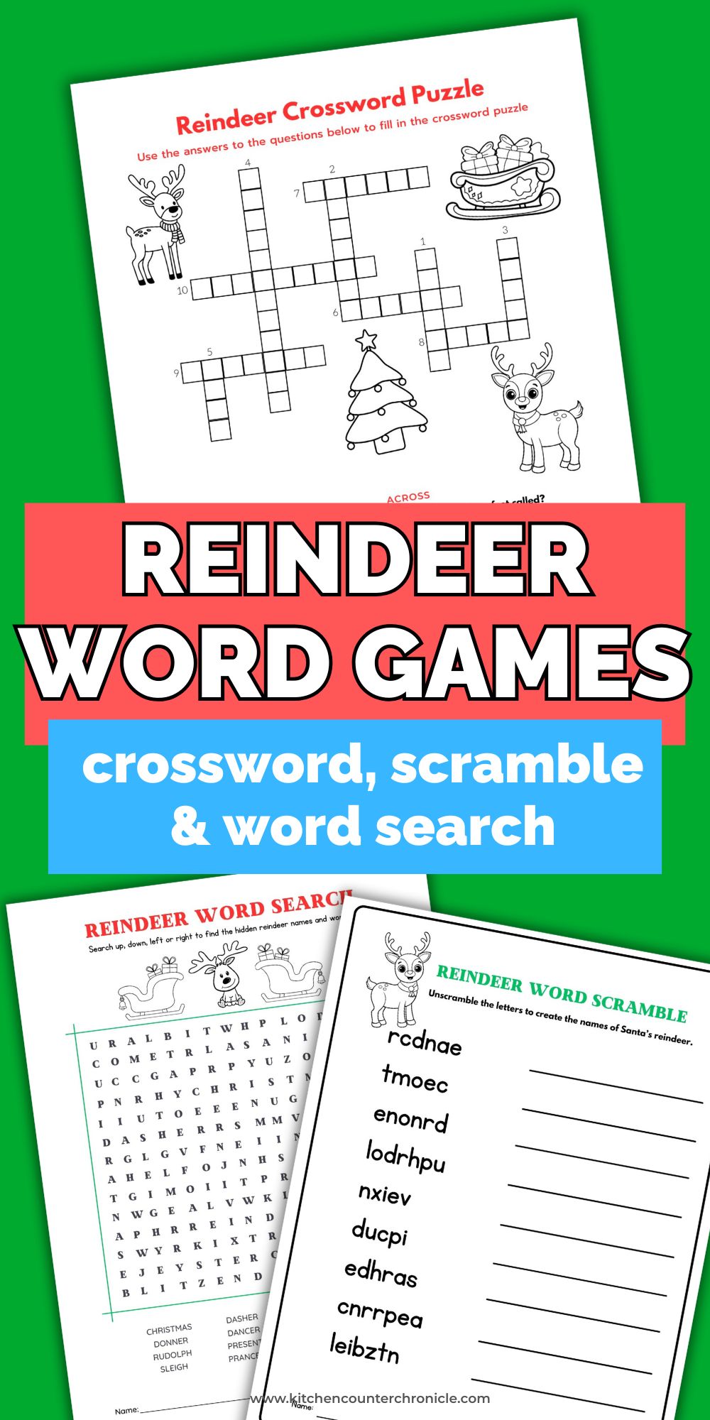 image of 3 reindeer word games - reindeer crossword puzzle, reindeer word search, reindeer word scramble printables
