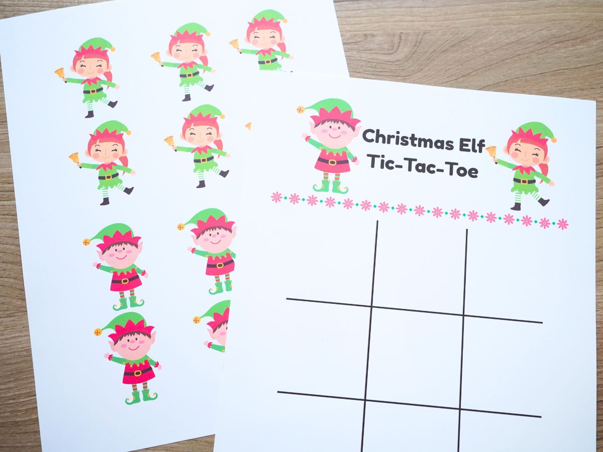 Christmas elf tic-tac-toe game sheets printed out