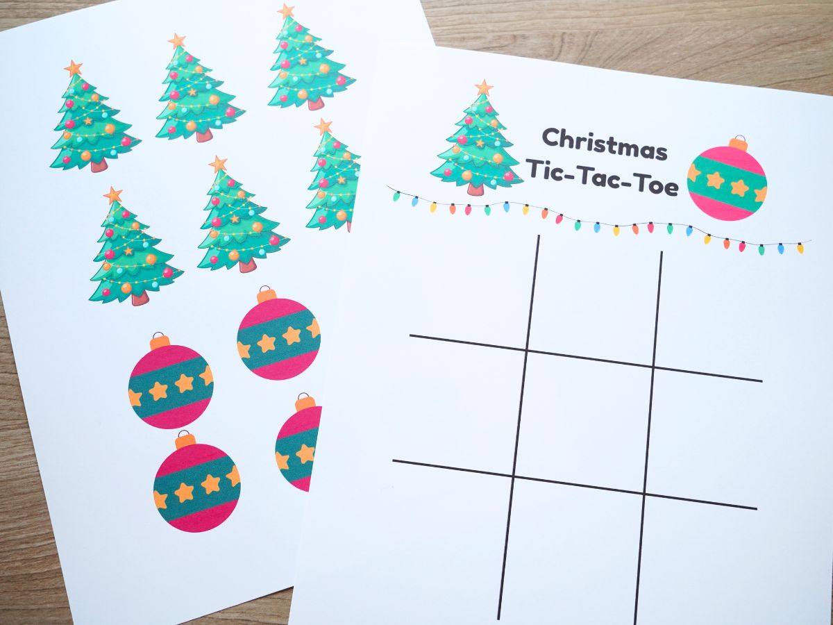 Christmas tic tac toe printable game board and Christmas tree and ornament play pieces