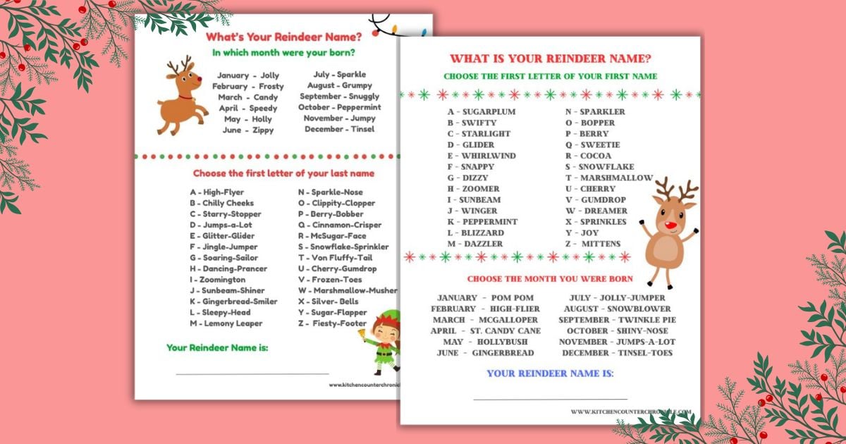 What's your reindeer name game printable game sheets printed out and with holly in the corners
