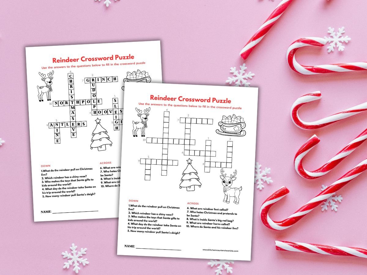 candy canes around 2 print outs of reindeer crossword puzzle and crossword puzzle answer sheet