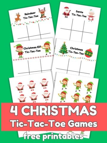 _featured 4 Christmas tic-tac-toe games free printables with image of reindeer, elf, santa and christmas tic-tac-toe game sheets (1200 x 1200 px)