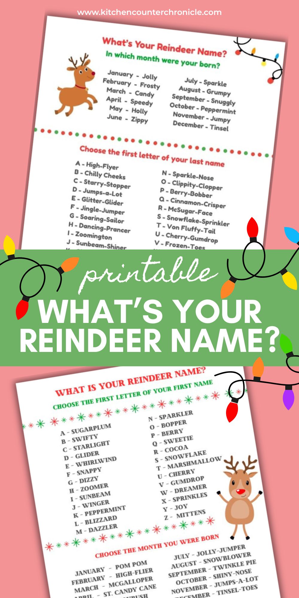 image of 2 printable what's your reindeeer name game sheets printed out and surrounded by Christmas lights pin