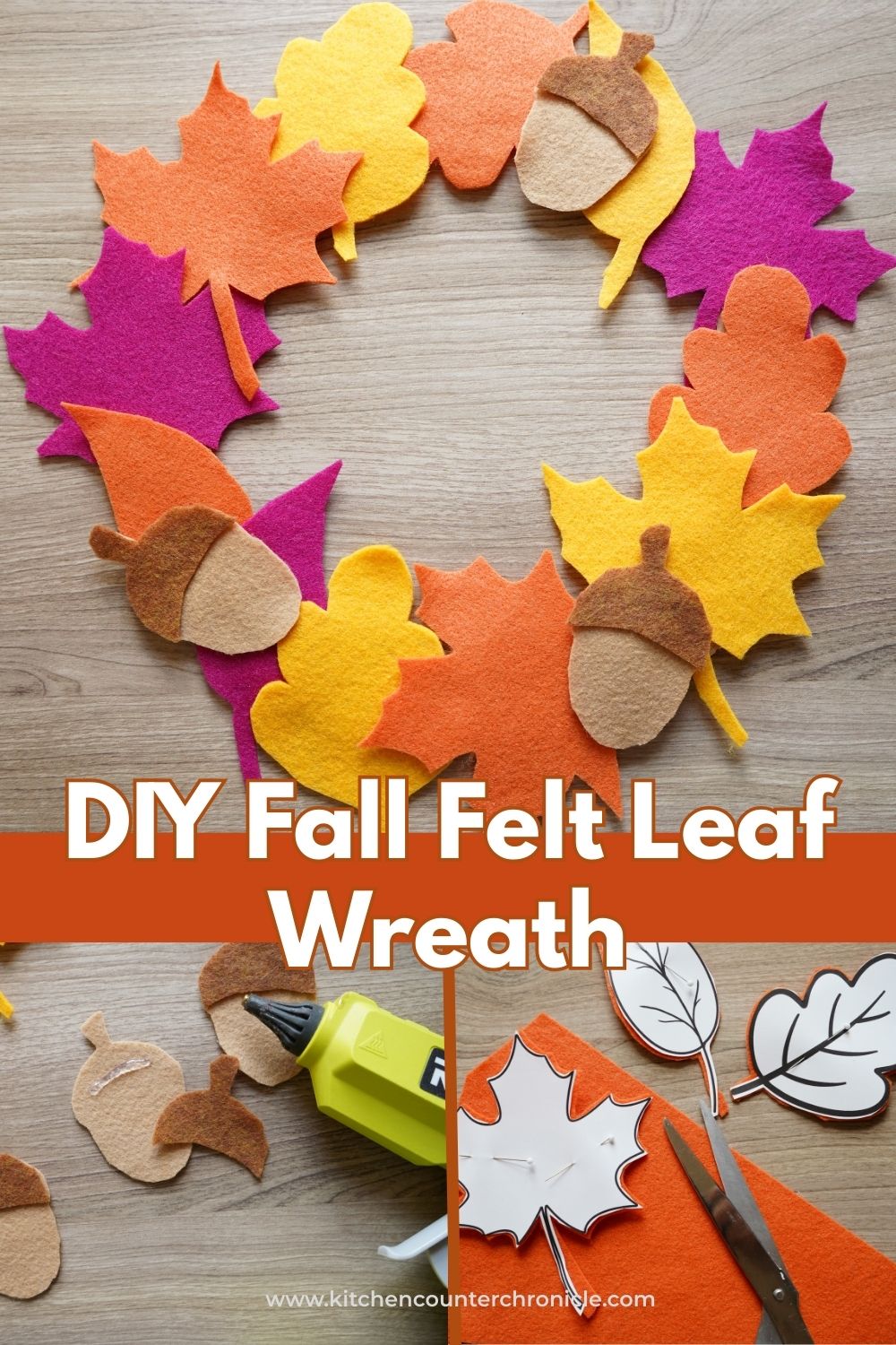 image of felt fall leaf wreath and felt acorns and printable fall leaf template cut out