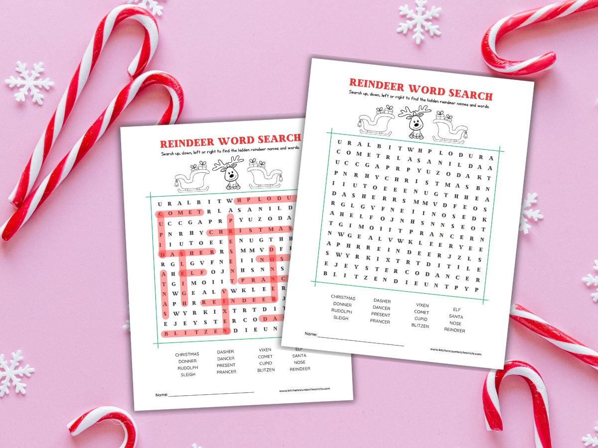 image of reindeer word search printable and reindeer word search answer sheet on pink background