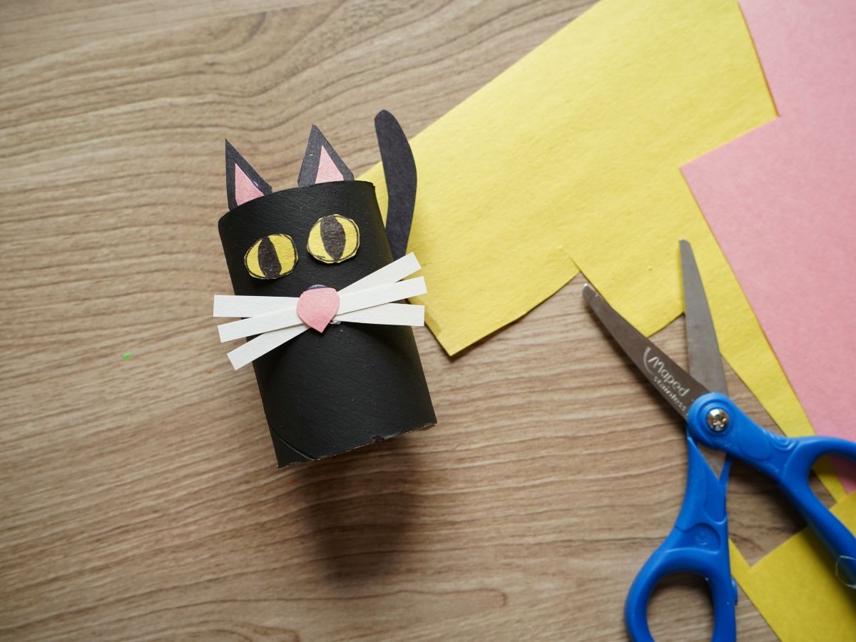 paper roll black cat with whiskers on face