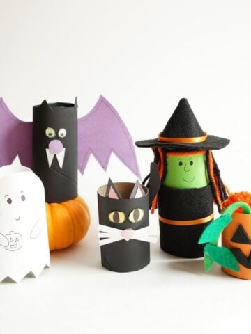 picture of toilet roll ghost, toilet roll bat, toilet roll black cat, toilet roll witch, and toilet roll pumpkin