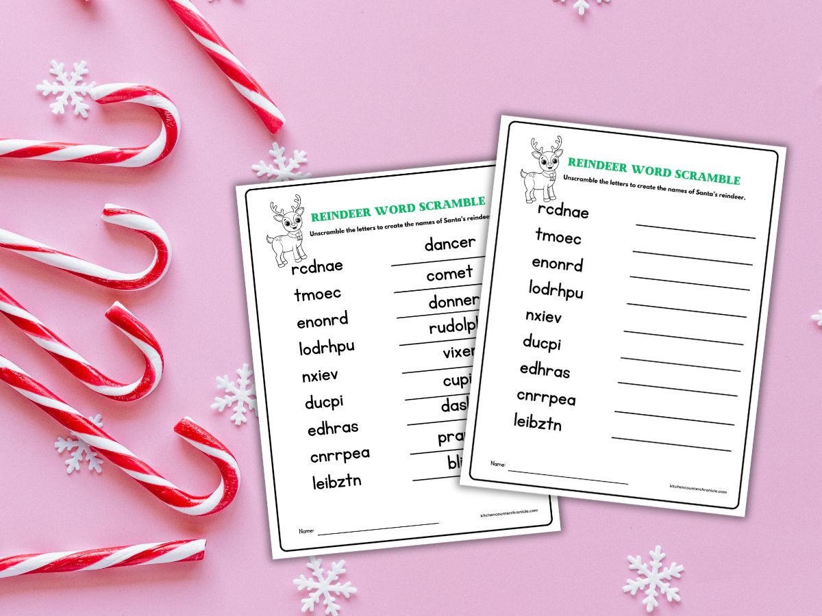 print out of reindeer word scramble and reindeer word scramble answer key sheets with pink background