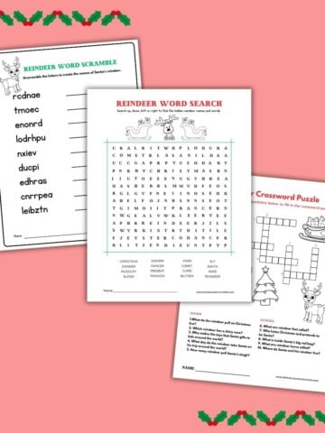 printable reindeer games - reindeer word games on pink background