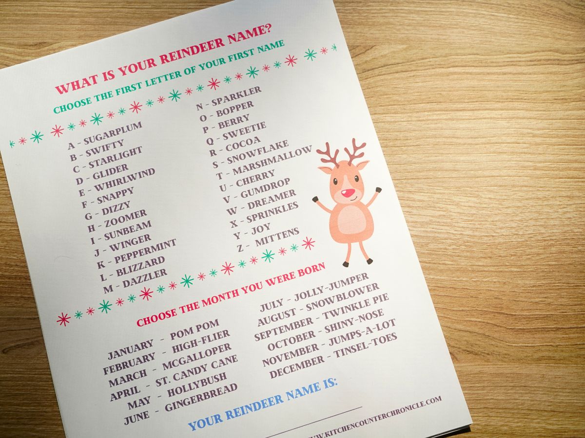 printable what's your reindeer name printed out and laying on a table