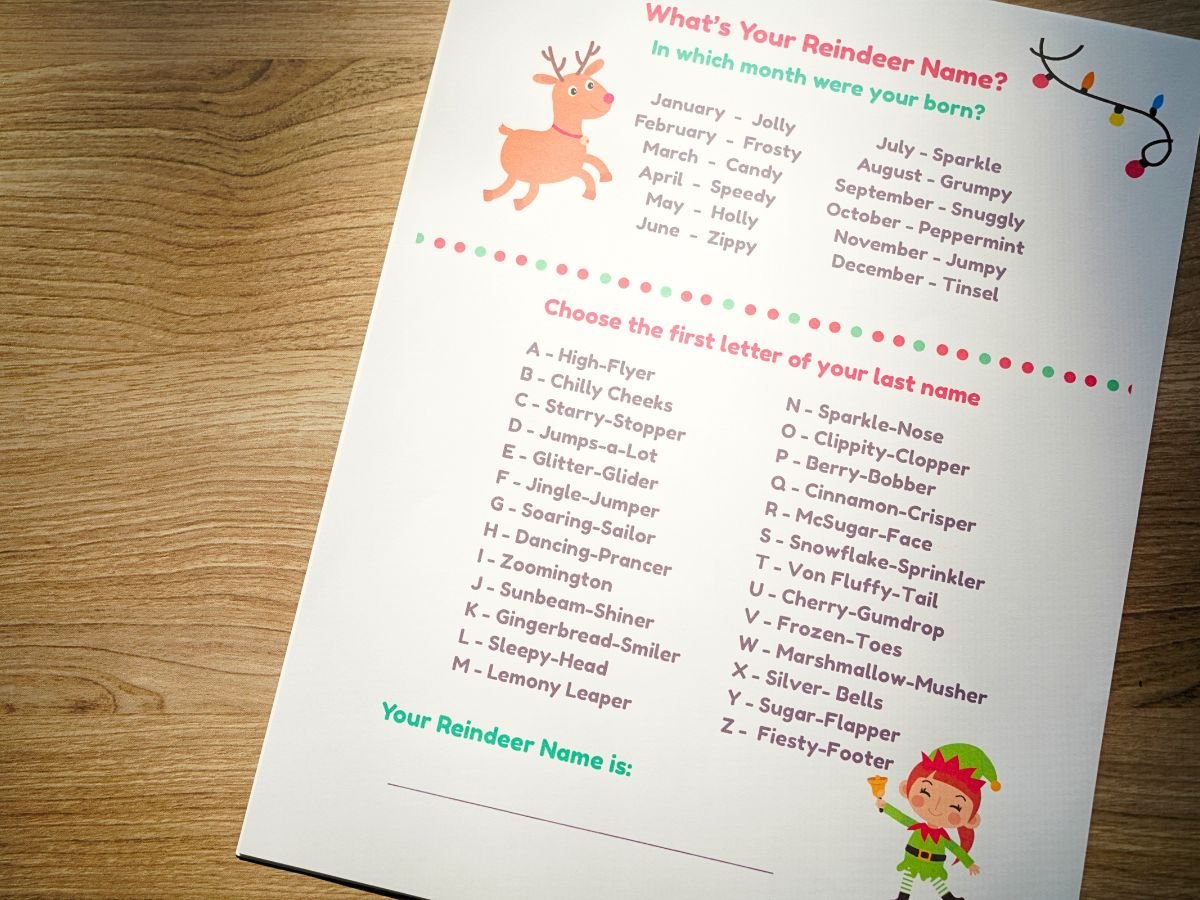 second version of a printable what's your reindeer name game sheet on table