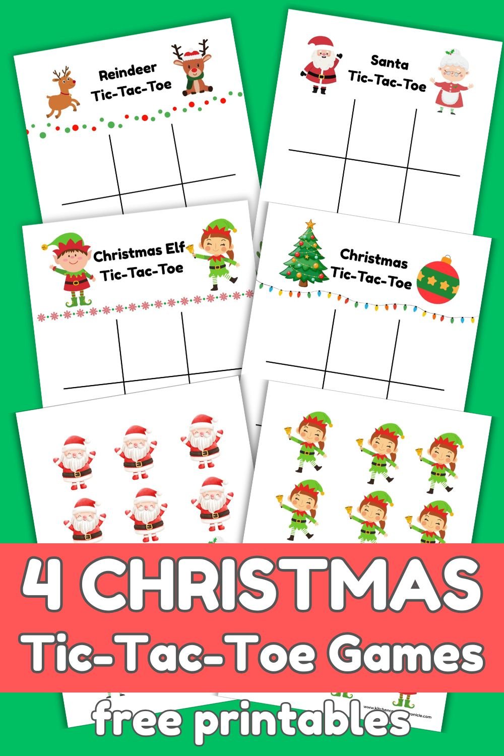 title 4 Christmas tic-tac-toe games free printables with image of reindeer, elf, santa and christmas tic-tac-toe game sheets