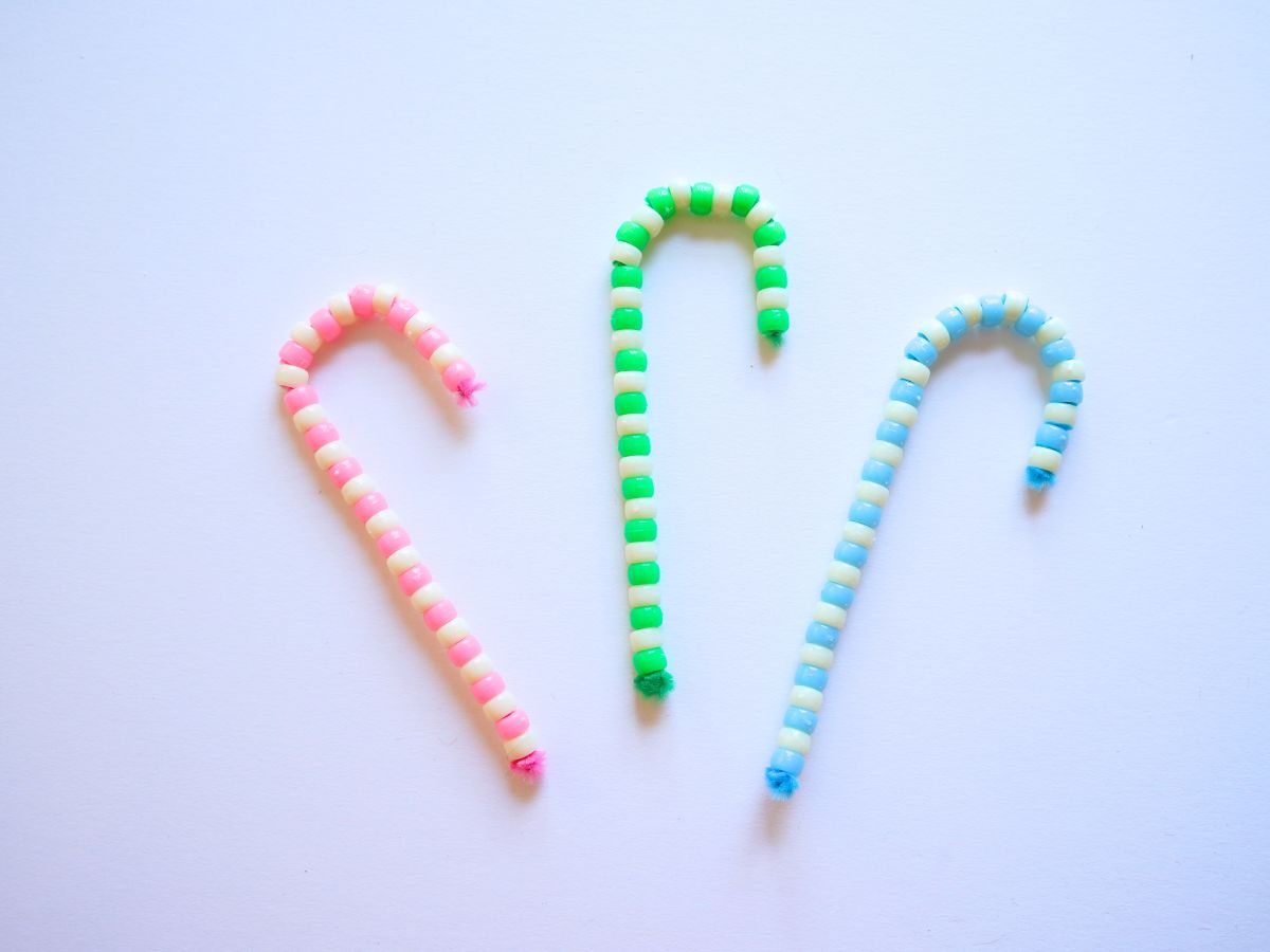 3 retro Christmas color pipe cleaner beaded candy canes - pink, green and white