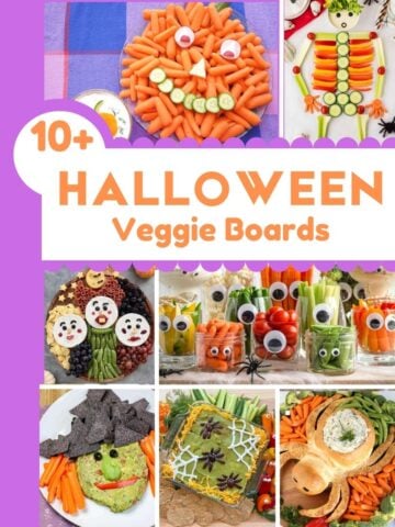 a collage of 7 halloween vegetable platters